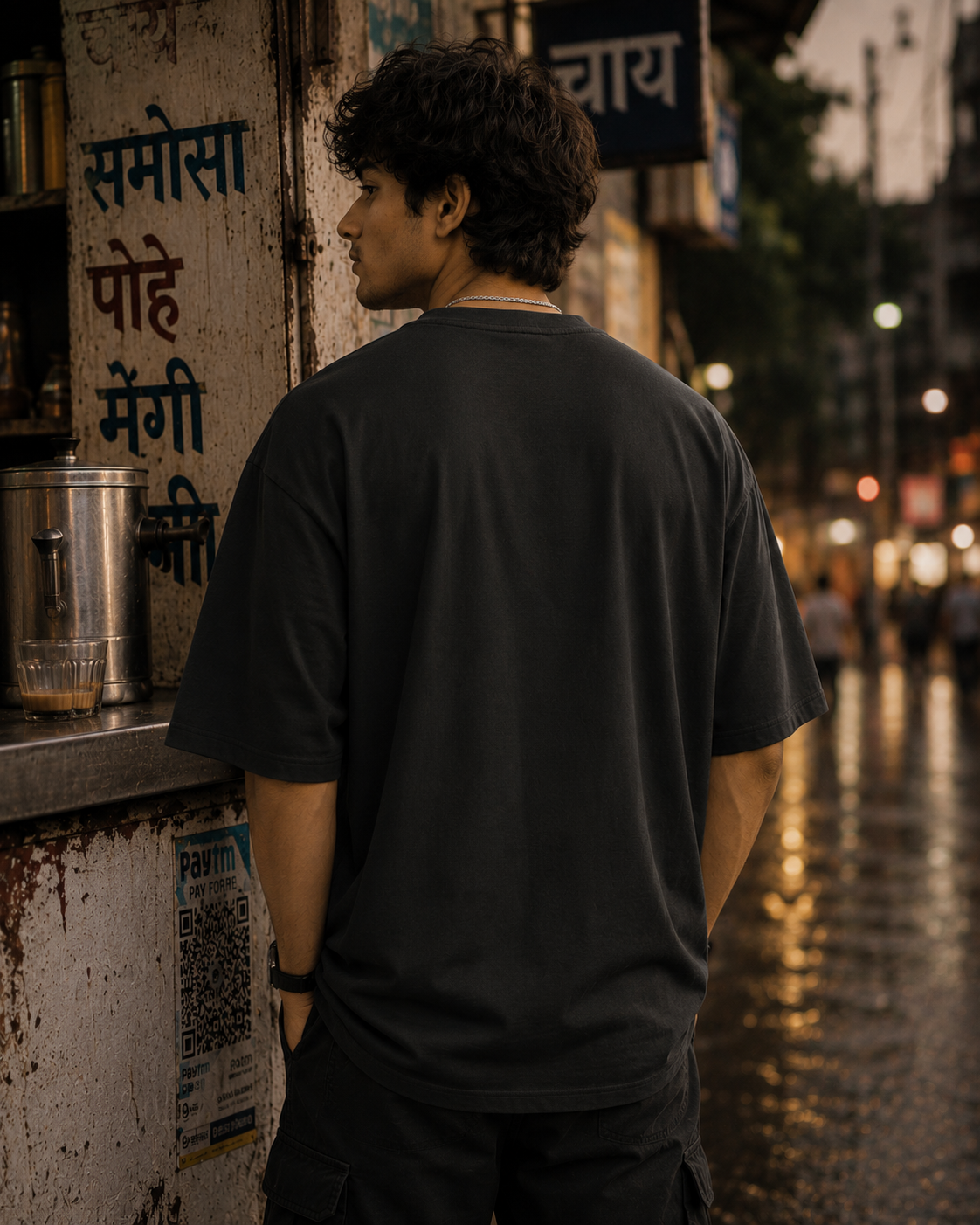 rainy evening at a street tea stall